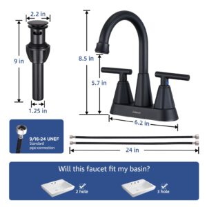 Amaoot Bathroom Sink Faucet, Matte Black 4 Inch Bathroom Faucets for Sink 3 Hole with Pop Up Drain and Water Supply Lines, 360 Swivel Spout 2 Handle Faucet for Bathroom Sink