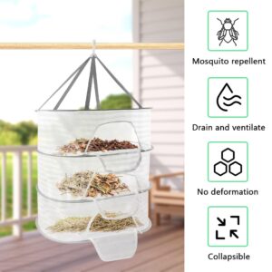 QKDS Herb Drying Rack 3 Layer Hanging Mesh Net, 2pcs/Set Herb Dryer Hanging Rack with Herb Stripper, Foldable Hanging Mesh Dryer for Buds, Fruits, Vegetables, Fish, Clothes, Doll(White)