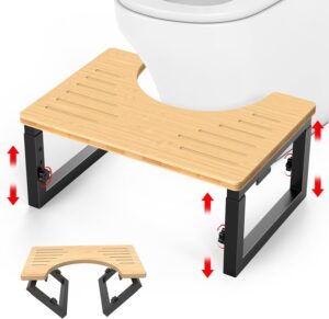 bamboo toilet stool foldable, 7 in, 8 in or 9 in adjustable height squat stool potty for adults kids, sturdy poop step stool for bathroom, improve squatting posture, non-slip,500 lbs capability