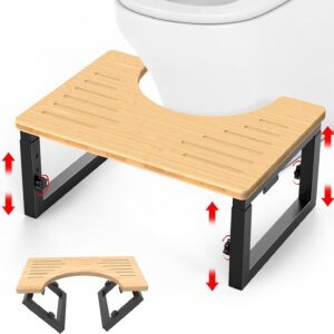 Bamboo Toilet Stool Foldable, 7 in, 8 in Or 9 in Adjustable Height Squat Stool Potty for Adults Kids, Sturdy Poop Step Stool for Bathroom, Improve Squatting Posture, Non-Slip,500 lbs Capability