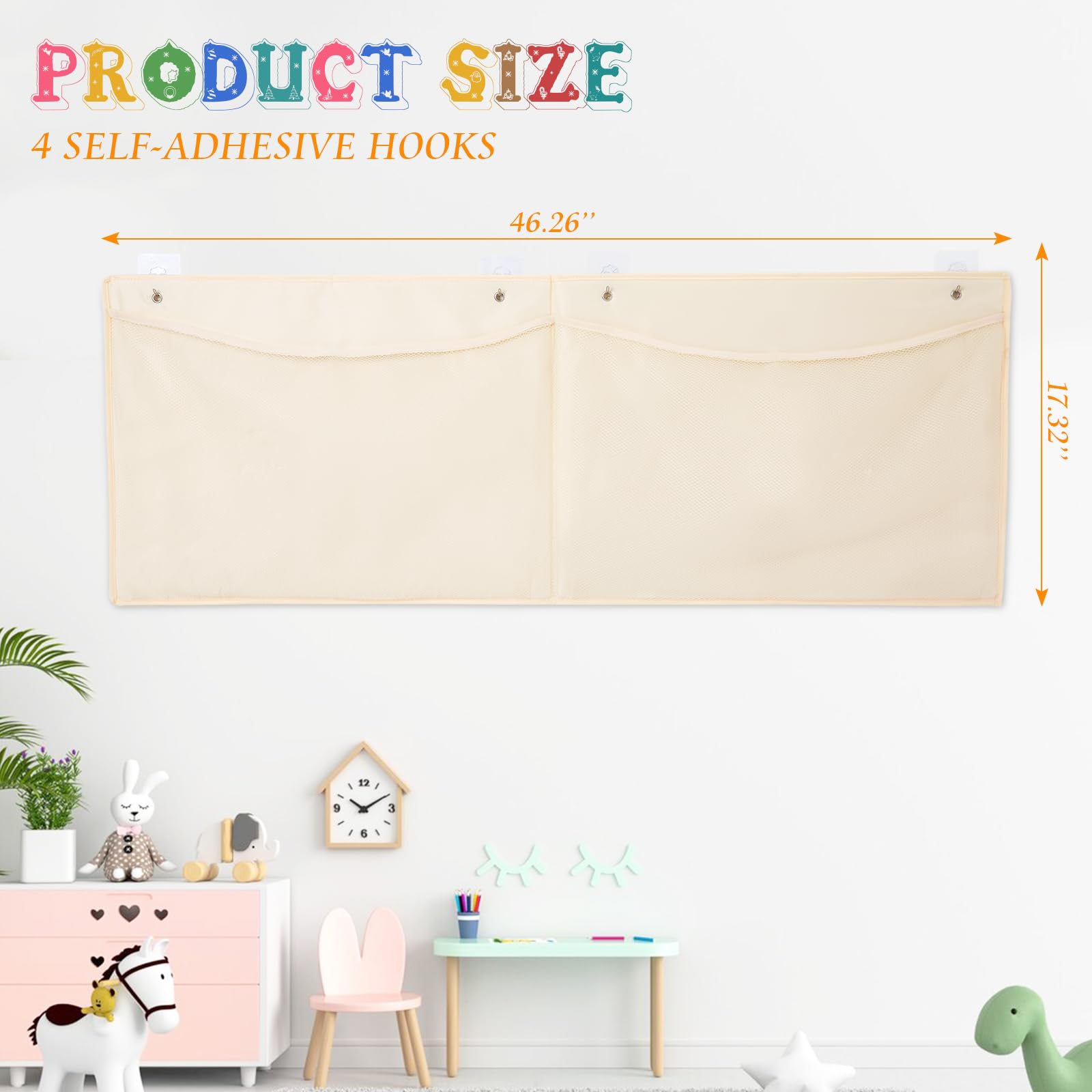 CINPIUK Stuffed Animal Storage Net Wall Haning Organizer Storage for Stuffies, Baby Ideas Holder Plush Plushie Organizer Basket with 2 Pockets for Nursery Wall Bedroom Room, Beige