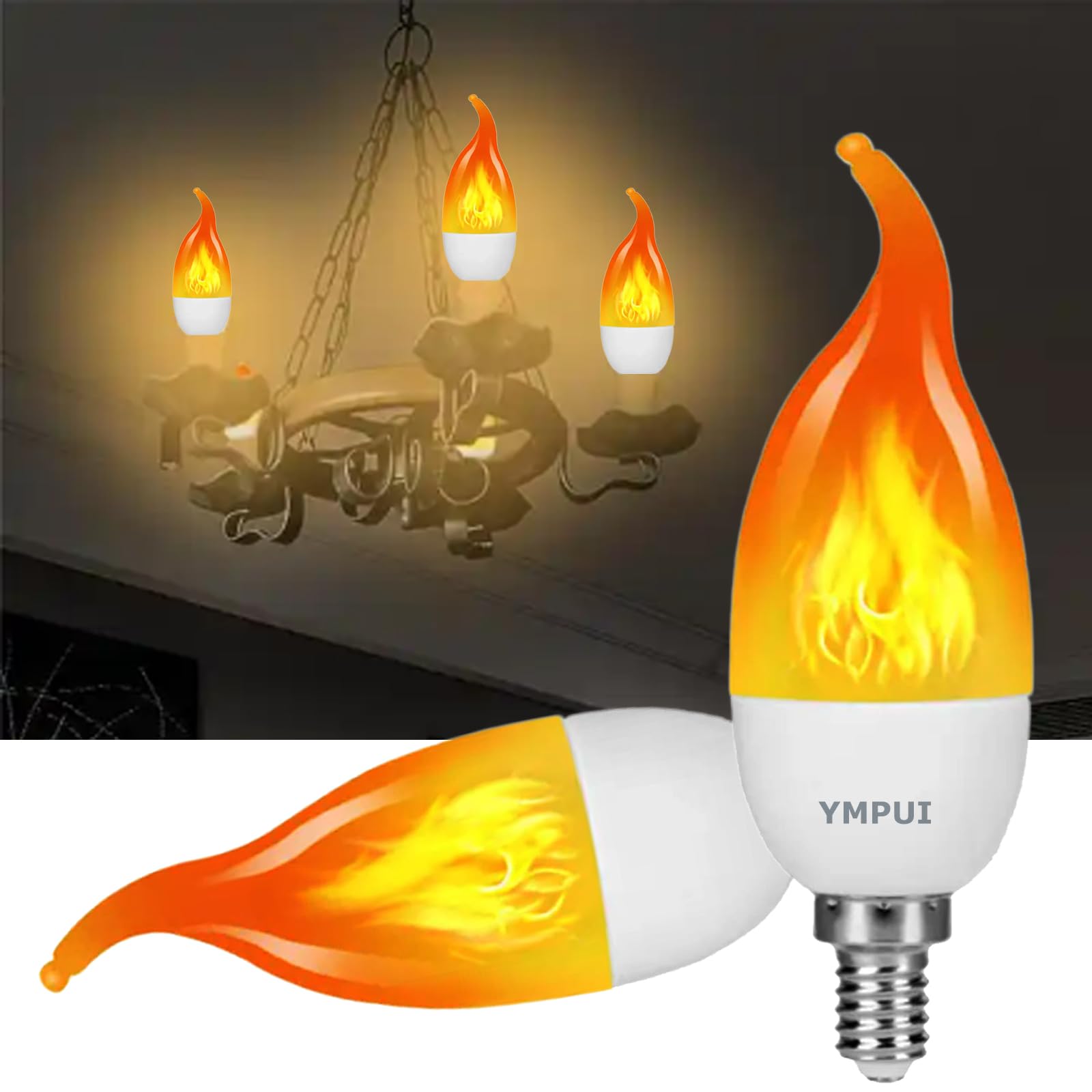 YMPUI E12 Candelabra LED Flame Light Bulbs, Christmas Light Bulbs, 3 Modes Flickering Fire Light Bulb, 2W 1700K, for Home Decoration, Party, Holiday, 2 Pack