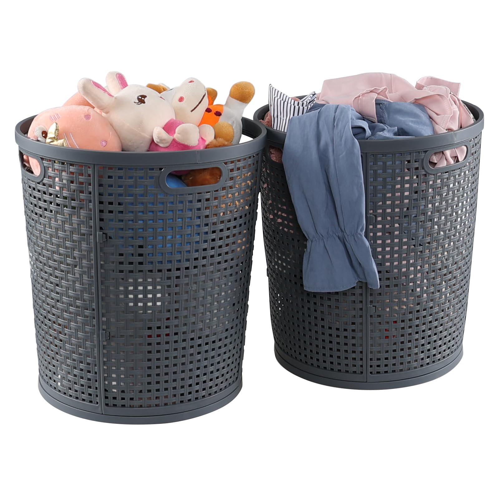 Ponpong 40 L Plastic Laundry Storage Basket with Handles, Round Plastic Dirty Clothes Hamper, Gray, 2 Packs