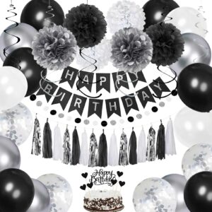 ygyxmy birthday decorations for men | black and silver happy birthday party decorations | black and white birthday party supplies | banner, balloons, tissue pompoms, swirls, tassels garland