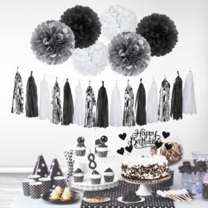 YGYXMY Birthday Decorations for Men | Black and Silver Happy Birthday Party Decorations | Black and White Birthday Party Supplies | Banner, Balloons, Tissue Pompoms, Swirls, Tassels Garland