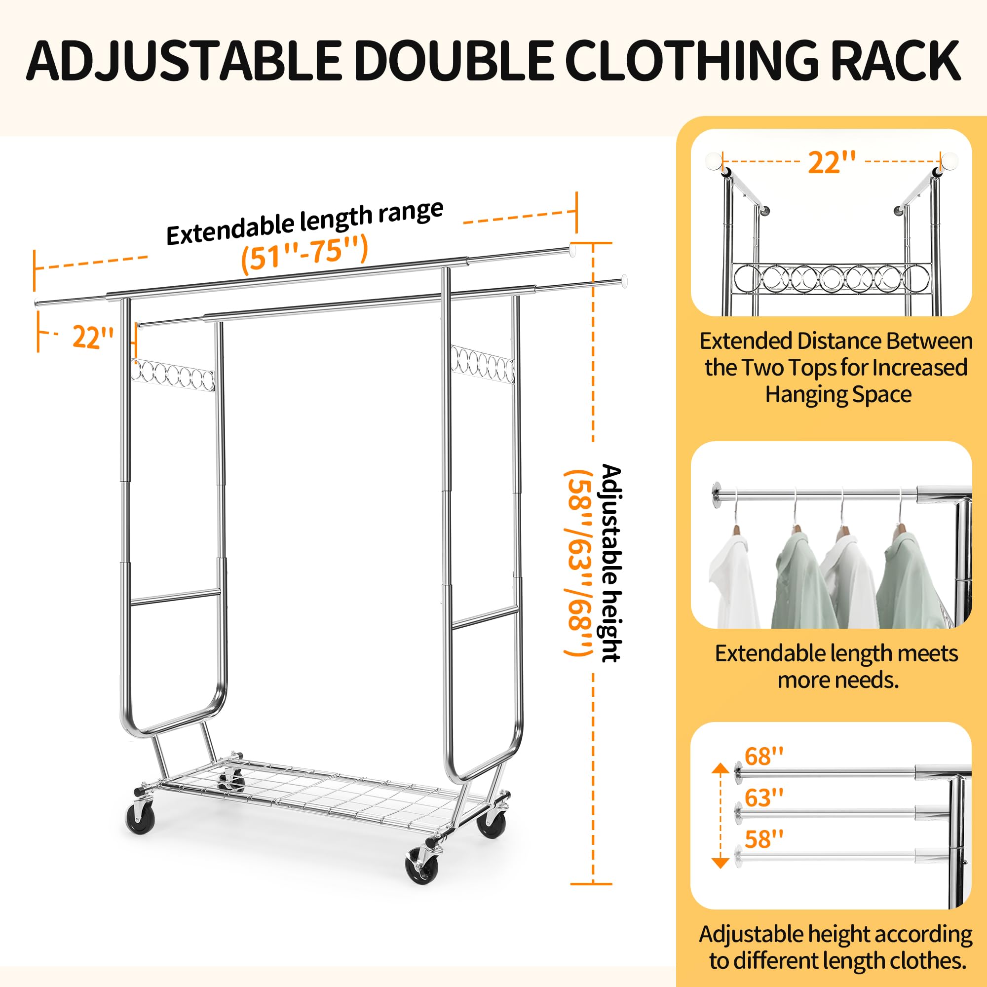 Rolling Clothing Racks for Hanging Clothes, Heavy Duty Clothing Garment Rack Holds 610LBS, Portable Clothes Rack with Wheels Collapsible Commercial Garment Rack for Closet Bedroom Laundry Room