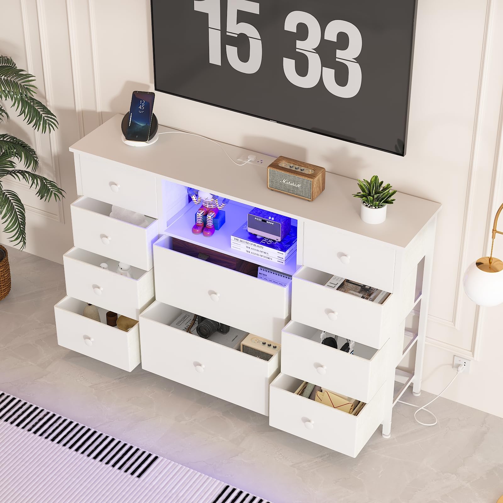 LDTTCUK Dresser with Charging Station and LED Lights, Long Dresser for Bedroom Dresser TV Stand with 10 Drawers, Fabric Chest of Drawers with PU Finish, Wide Dresser Storage Organizer, White