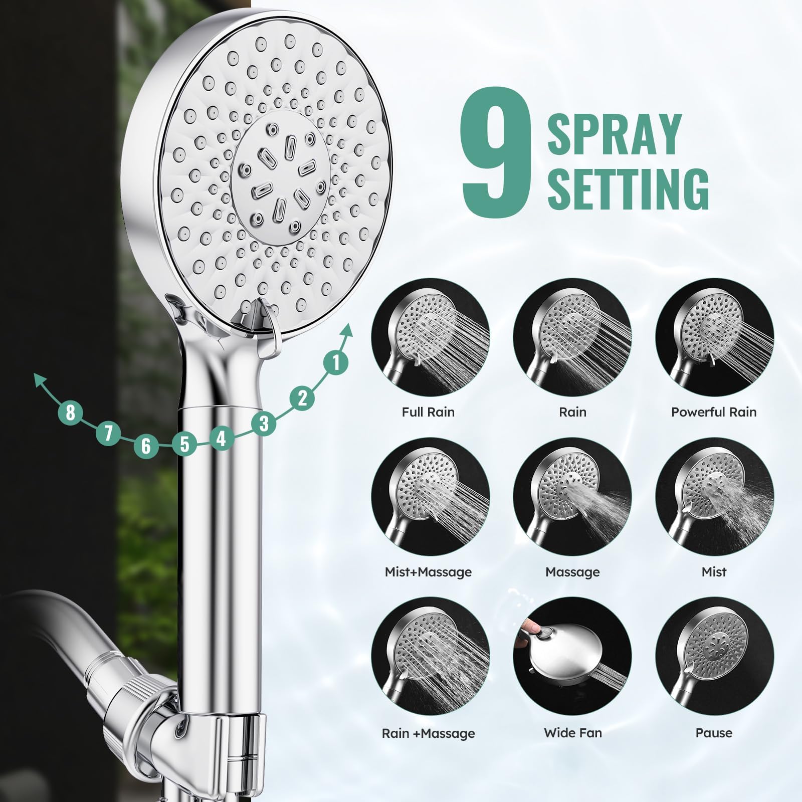 Filtered Shower Head with Handheld, High Pressure 9 Spray Mode Chrome Showerhead with Filters,detachable shower head,Water Softener Filters Beads for Hard Water -Remove Chlorine