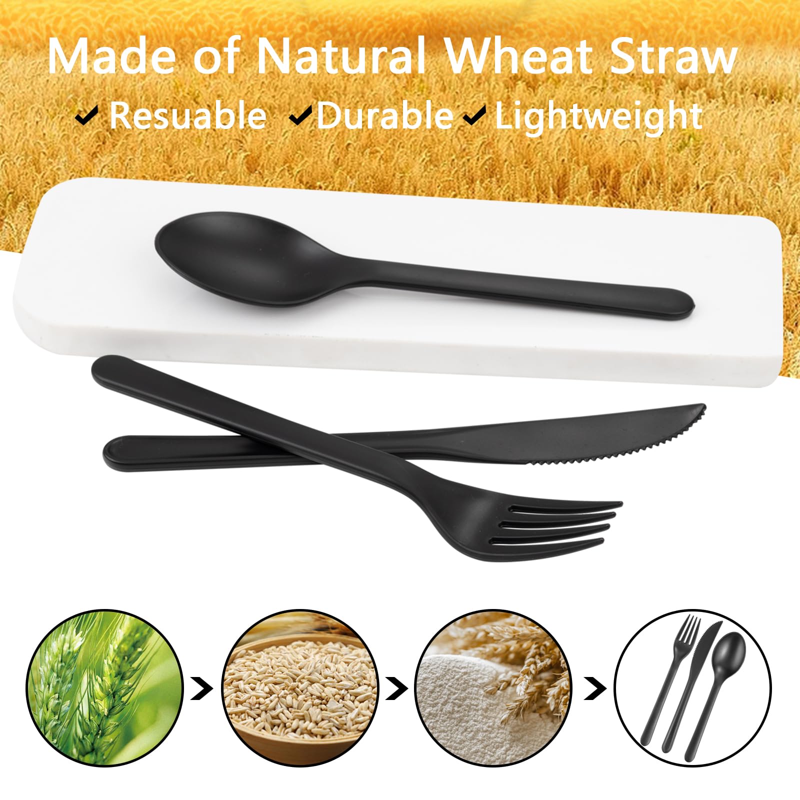 Supernal 180pcs Plastic Silverware Heavy Duty Matt Black Silverware Set Plastic Reusable Wheat Straw Cutlery Set Wheat Straw Reusable Spoon Knife Forks Set Tableware Dishwasher Microwave Safe