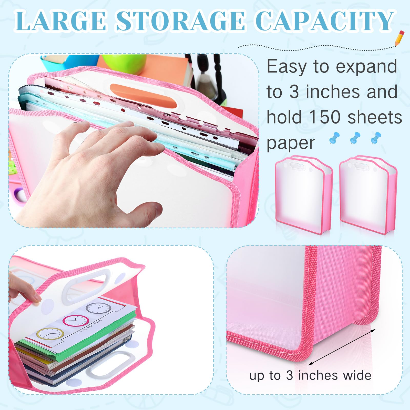 PerKoop 6 Pcs Scrapbook Paper Storage Organizer 12'' x 12'' Sheets Expanding Paper Folio Transparent Expandable Paper Storage with Portable Handle and Button Closure for Holding Craft (Pink)