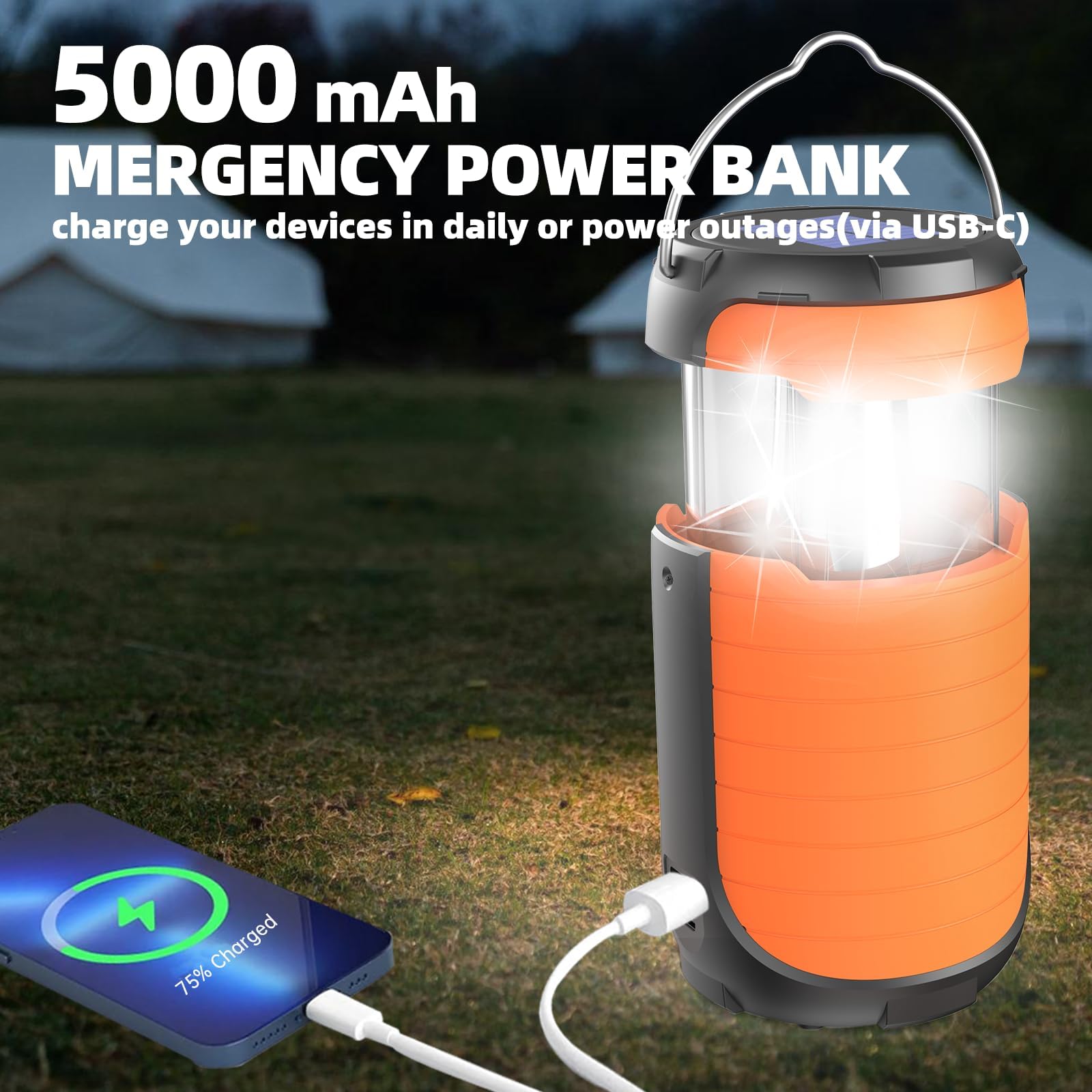 Juvihuxy LED Camping Light 5000ma Solar Powered/ Hand Crank/ USB-C Rechargeable Camping Lights, Rechargeable Flashlight Portable Survival Light Waterproof for Emergency Home Power outages Failure