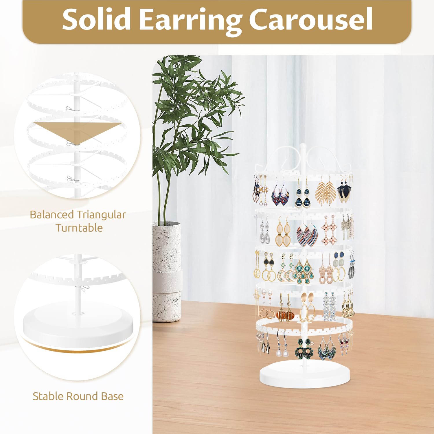 LASZOLA 5 Tiers Metal Earring Holder Organizer, Stable Rotating Jewelry Display Stand for Women Girls, 400 Holes and Grooves Earring Spin Table Rack Tower Tree for Necklace Bracelet Ring - White