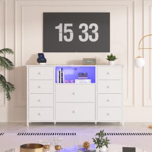 LDTTCUK Dresser with Charging Station and LED Lights, Long Dresser for Bedroom Dresser TV Stand with 10 Drawers, Fabric Chest of Drawers with PU Finish, Wide Dresser Storage Organizer, White