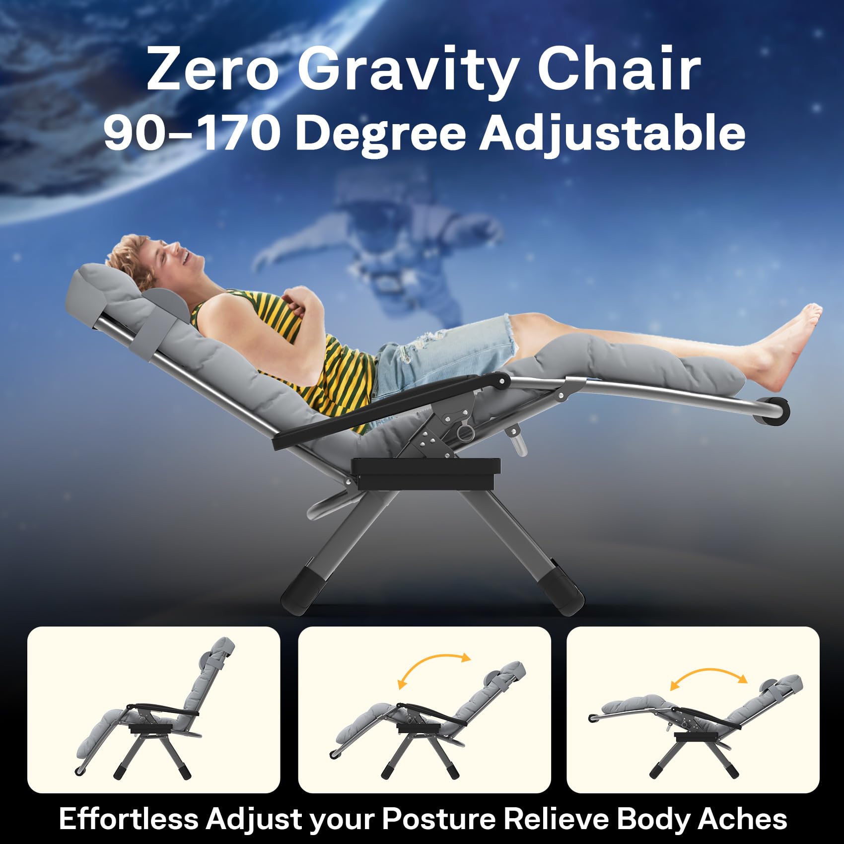 Slendor Zero Gravity Chairs,26" Padded Zero Gravity Recliner, Lounge Chair for Outside, Lawn Patio Chair with Aluminum Alloy Lock, Foot Rest, Cup Holder, Support 440lbs, Gray