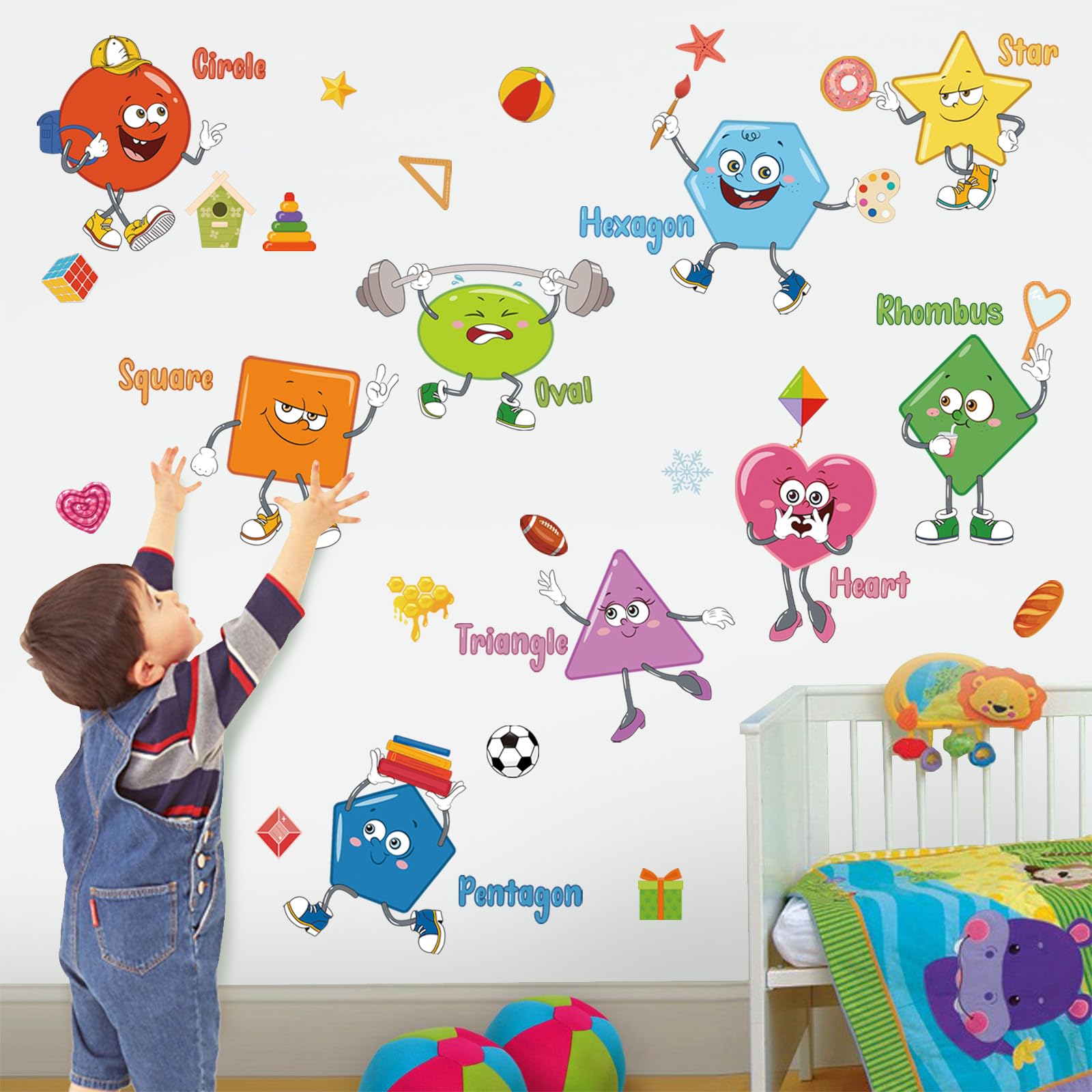 wondever Colorful Shapes Wall Stickers Educational Learning Geometry Peel and Stick Wall Art Decals for Toddlers Kids Room Classroom Playroom