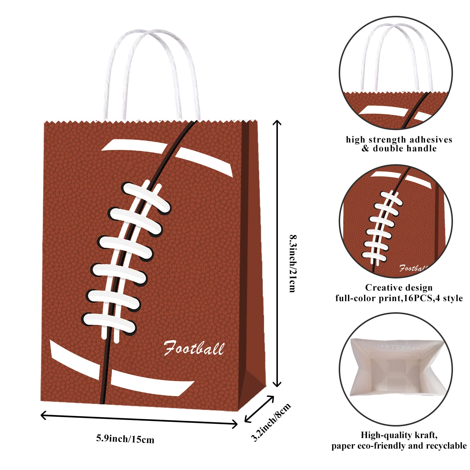 16pcs Football Goodie Bags for Boys with Handle Football Paper Bags Football Treat Bags Football Gift Bags Football Theme Party Decorations Football Party Bags for Kids Birthday Party Supplies