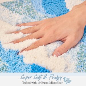 DyeFury Blue Ocean Wave Bath Mat, Cute Funky Bathroom Rugs for Coastal Beach Nautical Themed Decor, Non-Slip Washable Accent Rug for Bedroom Kitchen, Trendy Tufted Shower Mats 31"x 21"