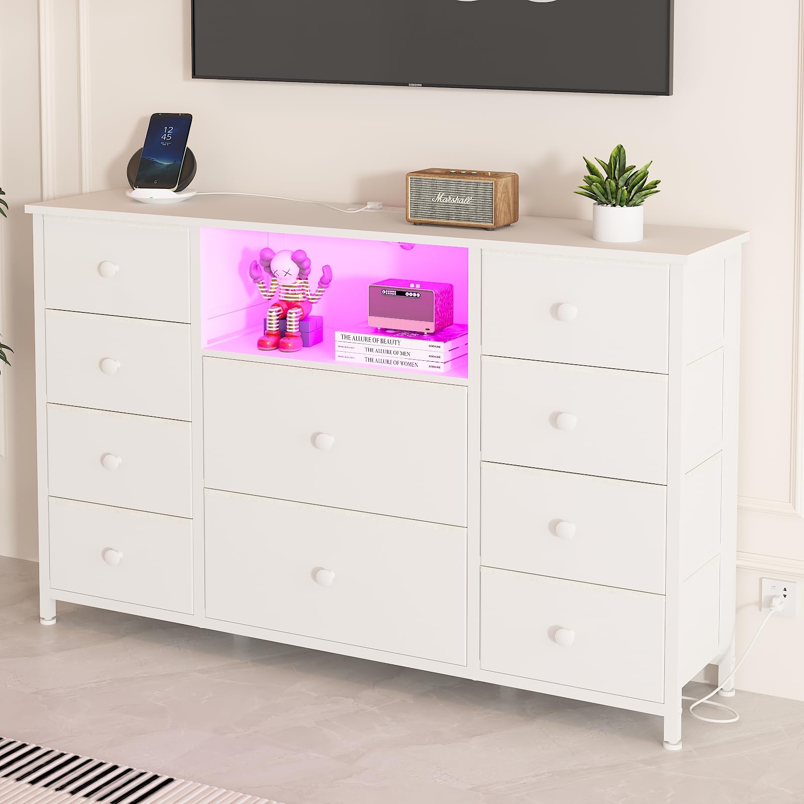 LDTTCUK Dresser with Charging Station and LED Lights, Long Dresser for Bedroom Dresser TV Stand with 10 Drawers, Fabric Chest of Drawers with PU Finish, Wide Dresser Storage Organizer, White