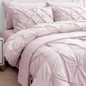 lane linen pink comforter set queen size with sheets, pillowcases & shams, pintuck bedding queen size, soft queen size bed in a bag set, pinch pleated queen bed comforter set, queen bed set for girls