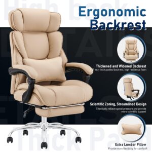 Office Chair with Footrest-Ergonomic Computer Chair with Extra Lumbar Support Pillow, High Back Executive Desk Chair Thick Bonded Leather, Large Home Office Work Chair with Wide Seat for Comfort-Khaki