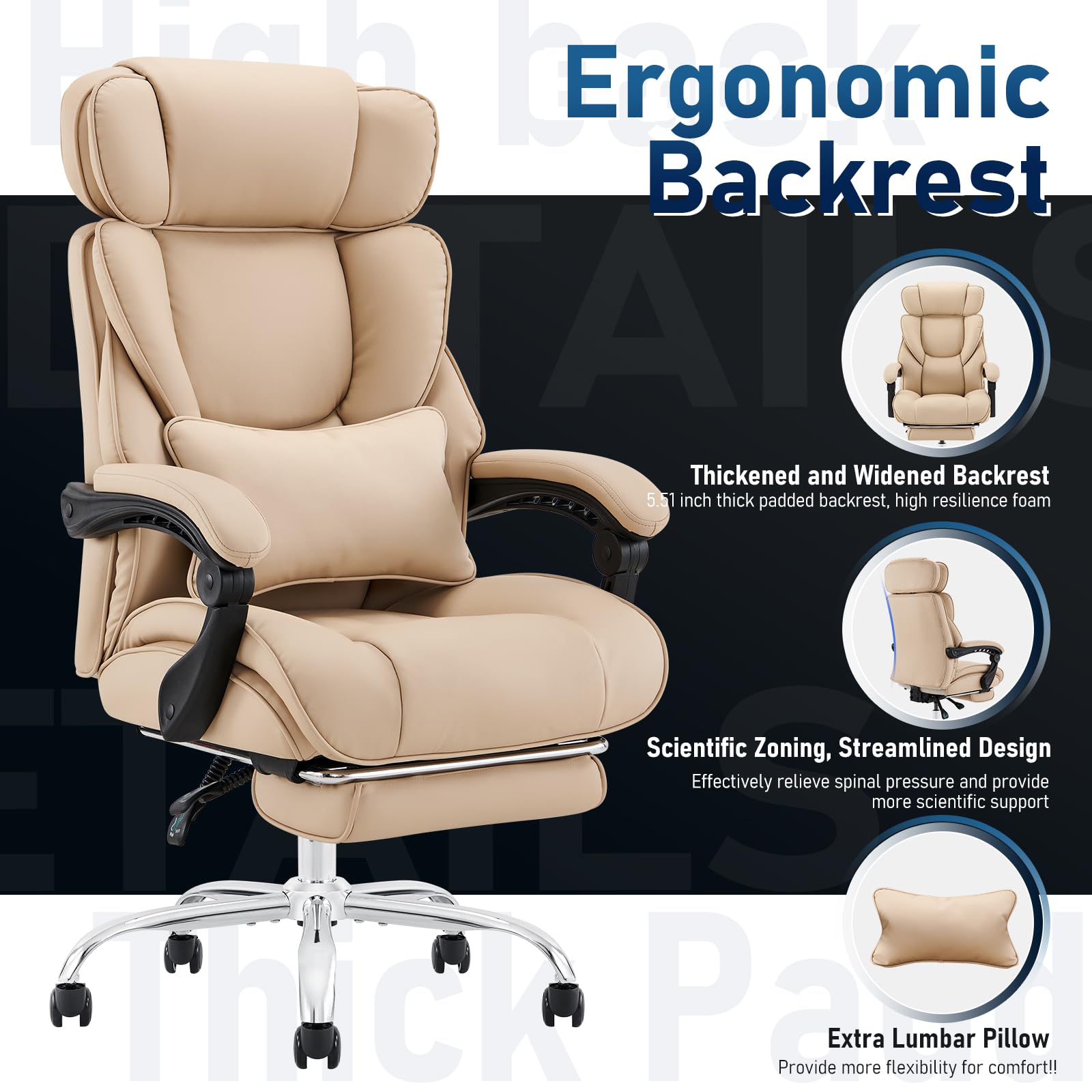 Office Chair with Footrest-Ergonomic Computer Chair with Extra Lumbar Support Pillow, High Back Executive Desk Chair Thick Bonded Leather, Large Home Office Work Chair with Wide Seat for Comfort-Khaki