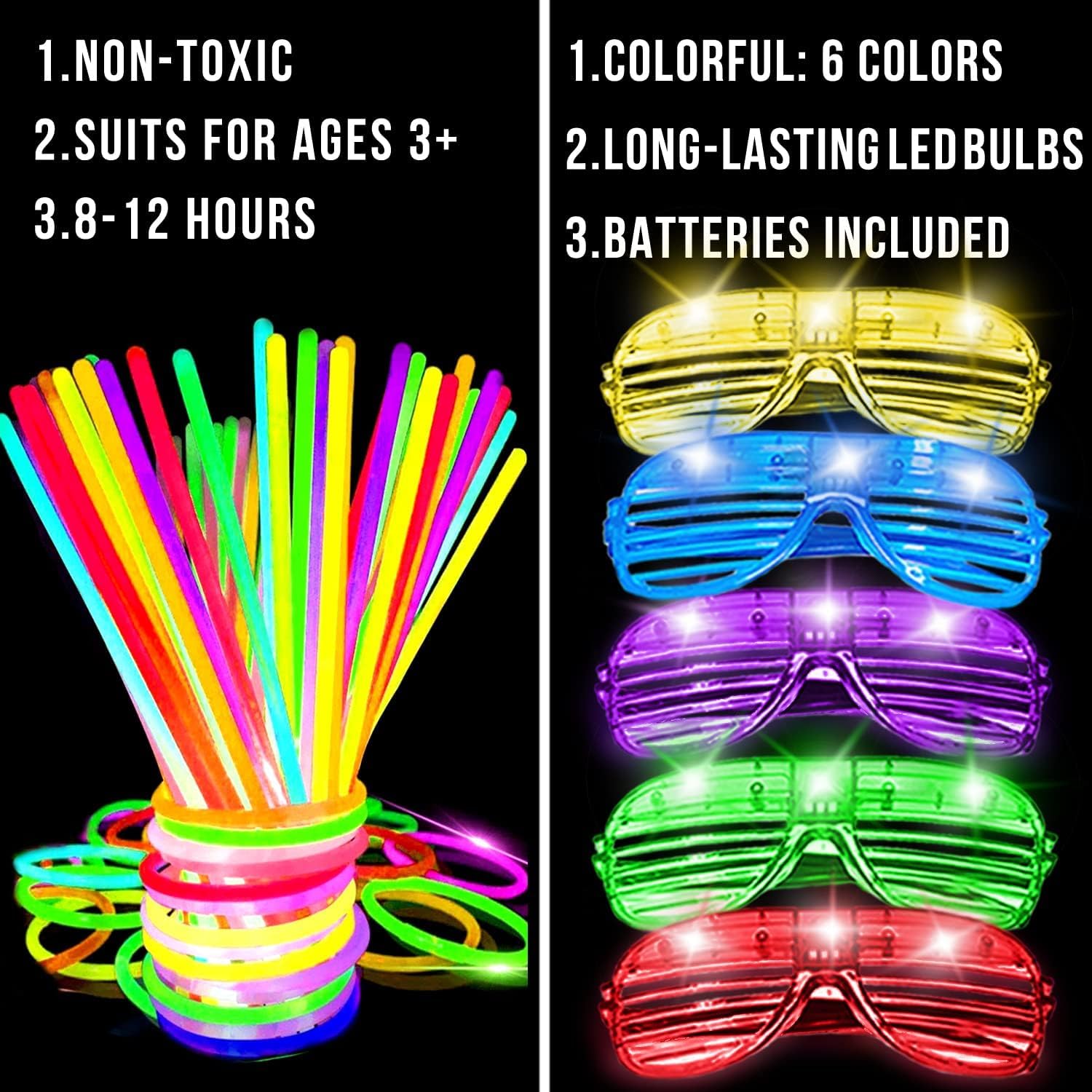 125 Pack New Years Eve Glow in The Dark Party Supplies Light Up Party Favors with 100 Glow Sticks and 25 Led Glasses Shutter Shades Sunglasses Neon Accessories for Kid Adult New Years Birthday Wedding