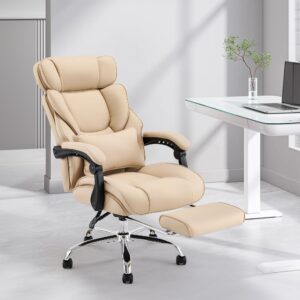 Office Chair with Footrest-Ergonomic Computer Chair with Extra Lumbar Support Pillow, High Back Executive Desk Chair Thick Bonded Leather, Large Home Office Work Chair with Wide Seat for Comfort-Khaki