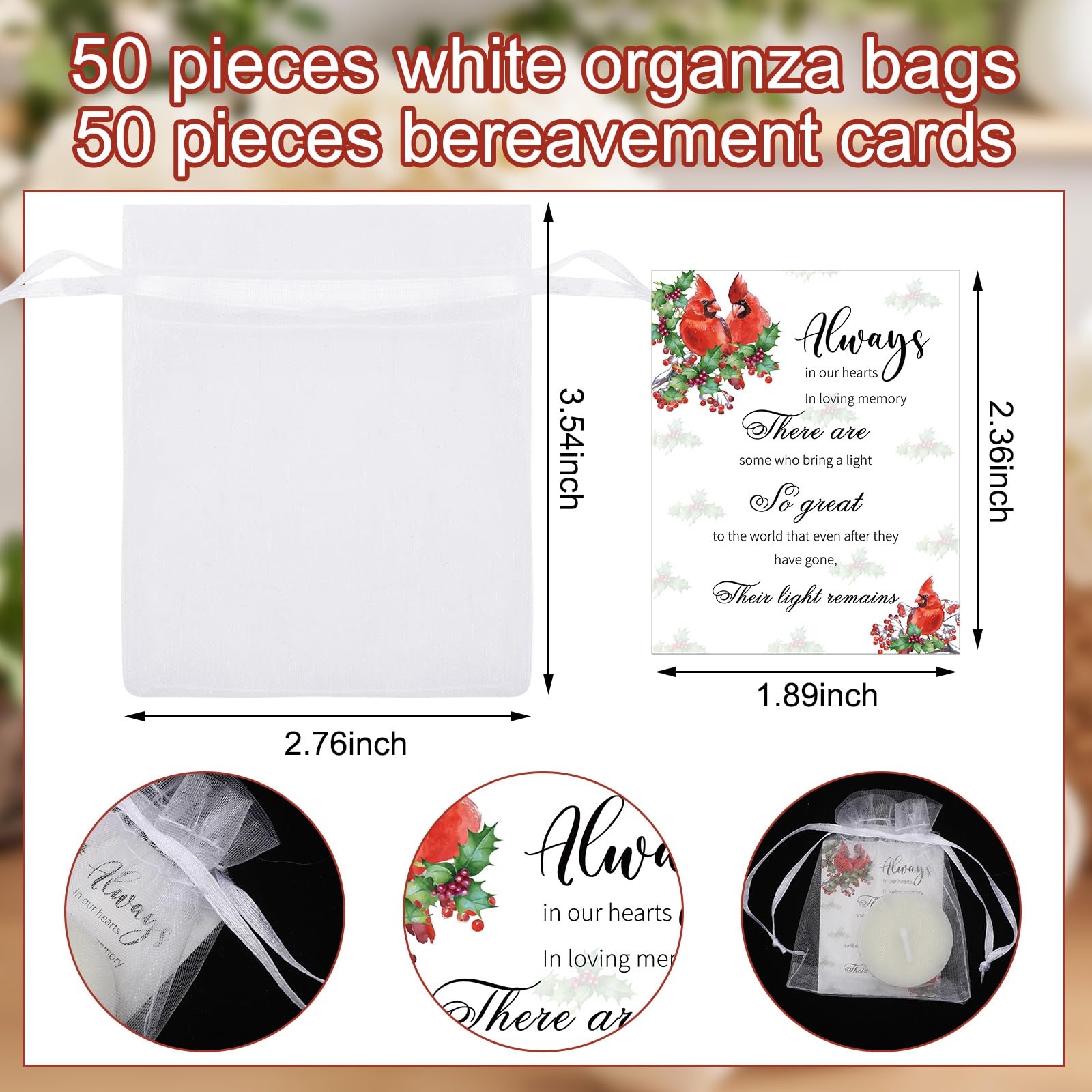 MTLEE 50 Set Funeral Favors White Unscented Memorial Tealight Candle Funeral Gift Candle with 50 Condolence Bereavement Cards and 50 Organza Bags for Guest Bereavement Celebration of Life Decoration