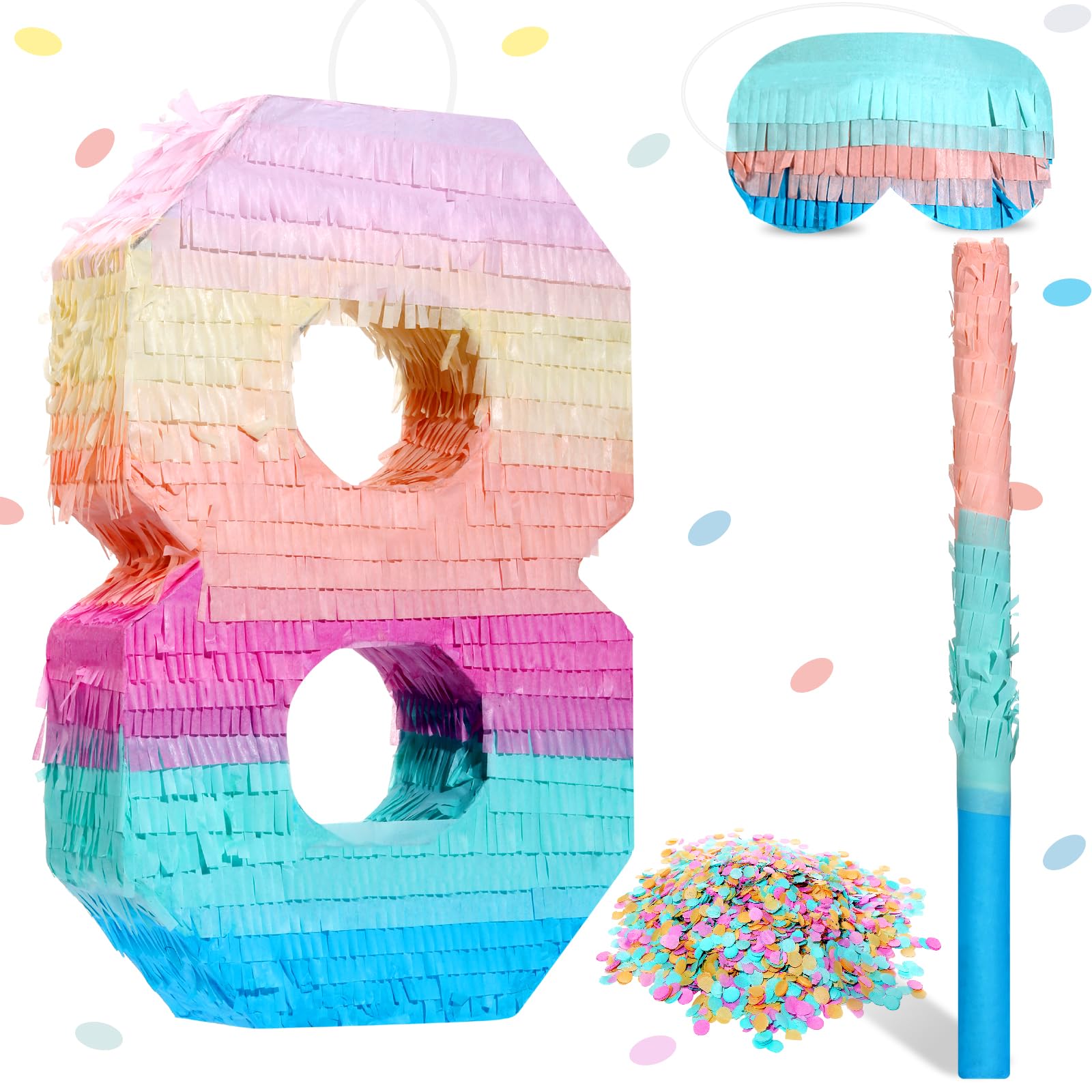 Jenaai 16 Inch Number Piñata Macaron Piñata Small Kids Birthday Party Piñata with Blindfold Stick and Confetti Small Piñata for Birthday Unicorn Birthday Wedding Baby Shower Decor(Number 8)