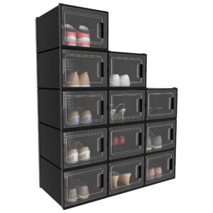 yitahome x-large 12 pack shoe storage box fit up to us size 15, stackable shoe organizer boxes for closet, plastic shoe rack sneaker containers bins with lids (xl, black)