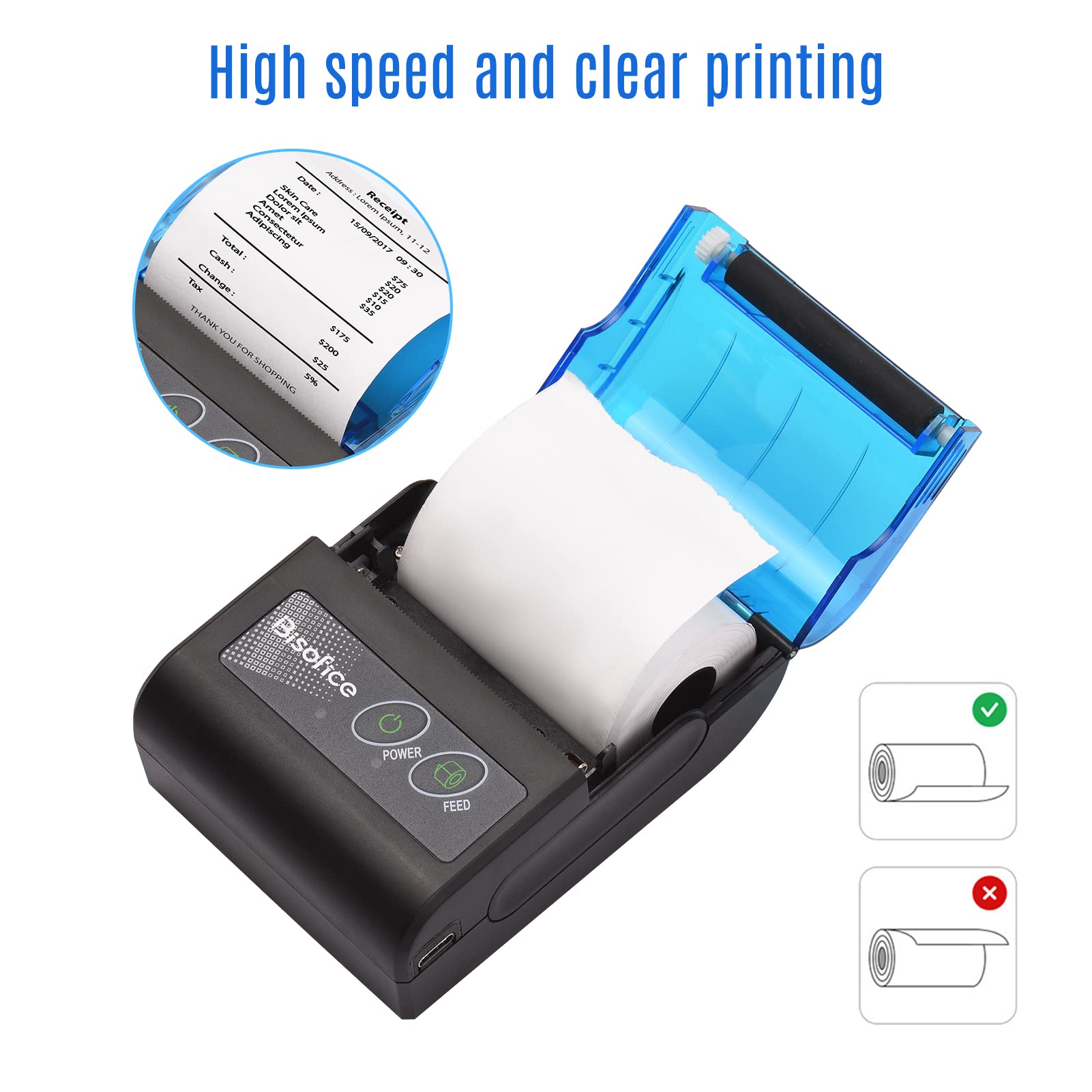 Sunydog Receipt Printer, Portable Mini Thermal Receipt Printer 2 inch Wireless BT USB Receipt Bill Ticket Printer with 58mm Print Paper Compatible with Android Windows for Restaurant Sales Retail