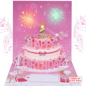 dtesl musical birthday cards with light and music, blowable, 3d birthday popup cards for men & women– plays hit song 'happy birthday' (pink)