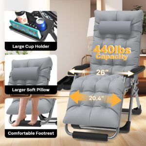 Slendor Zero Gravity Chairs,26" Padded Zero Gravity Recliner, Lounge Chair for Outside, Lawn Patio Chair with Aluminum Alloy Lock, Foot Rest, Cup Holder, Support 440lbs, Gray