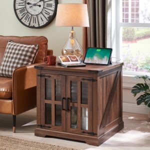 barnyatoh farmhouse end table with charging station,24" large sofa side table with glass barn door, rustic wood nightstand bedside table with adjustable storage shelf for living room, bedroom, walnut