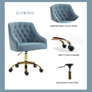 ZOBIDO Comfy Home Office Task Chair with Wheels, Cute Modern Upholstered Velvet Seashell Back Adjustable Swivel Vanity Desk Chair, for Women, for Girls, Living Room(Haze Blue)