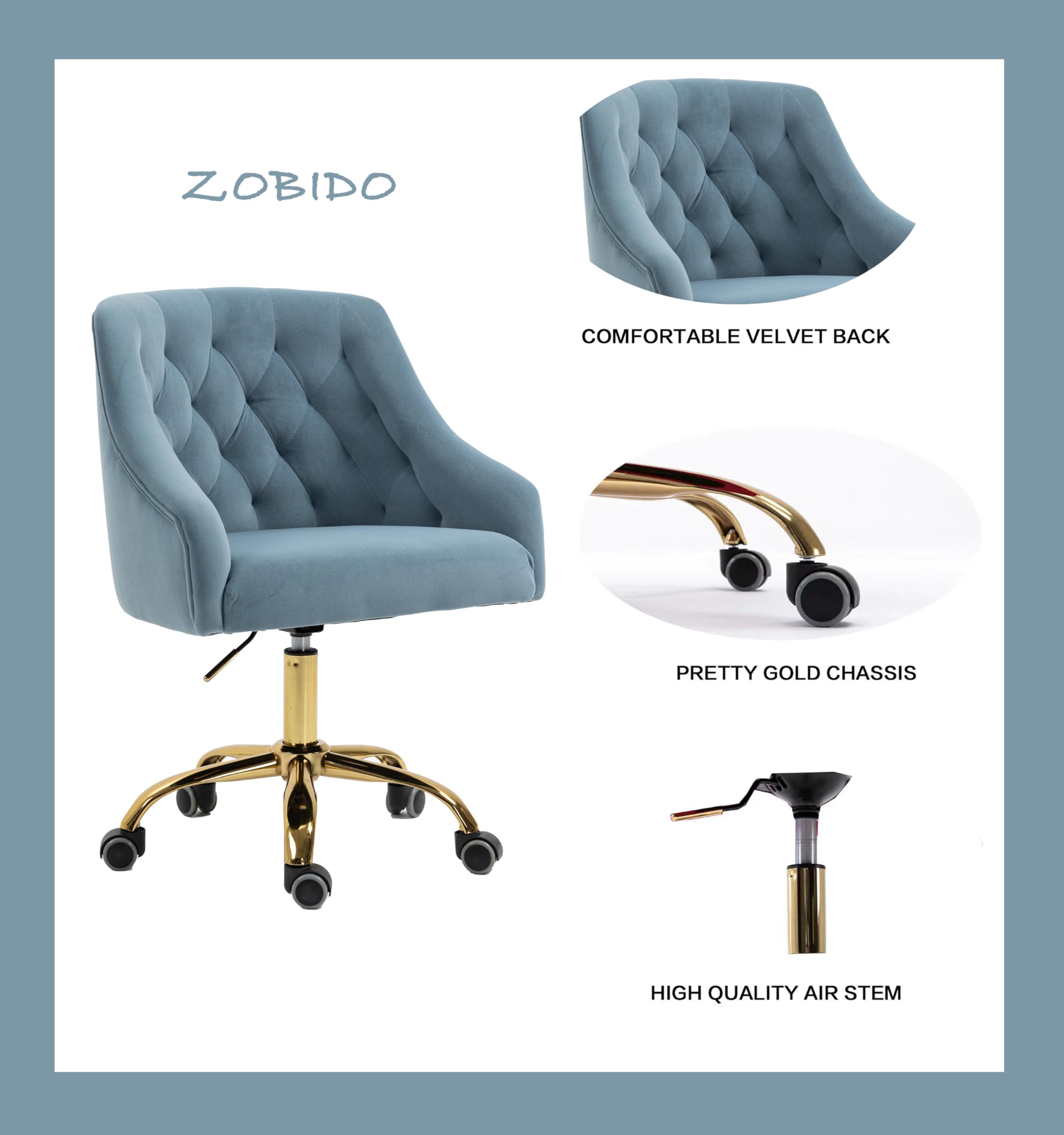 ZOBIDO Comfy Home Office Task Chair with Wheels, Cute Modern Upholstered Velvet Seashell Back Adjustable Swivel Vanity Desk Chair, for Women, for Girls, Living Room(Haze Blue)