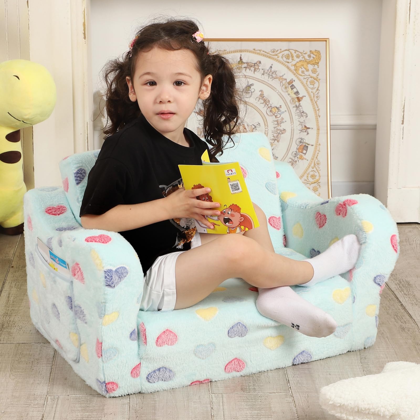 MOMCAYWEX Toddler Couch, 2-in-1 Toddler Soft Couch Fold Out with Star Pillow, Convertible Sofa to Lounger for Girls and Boys, 1-Seat