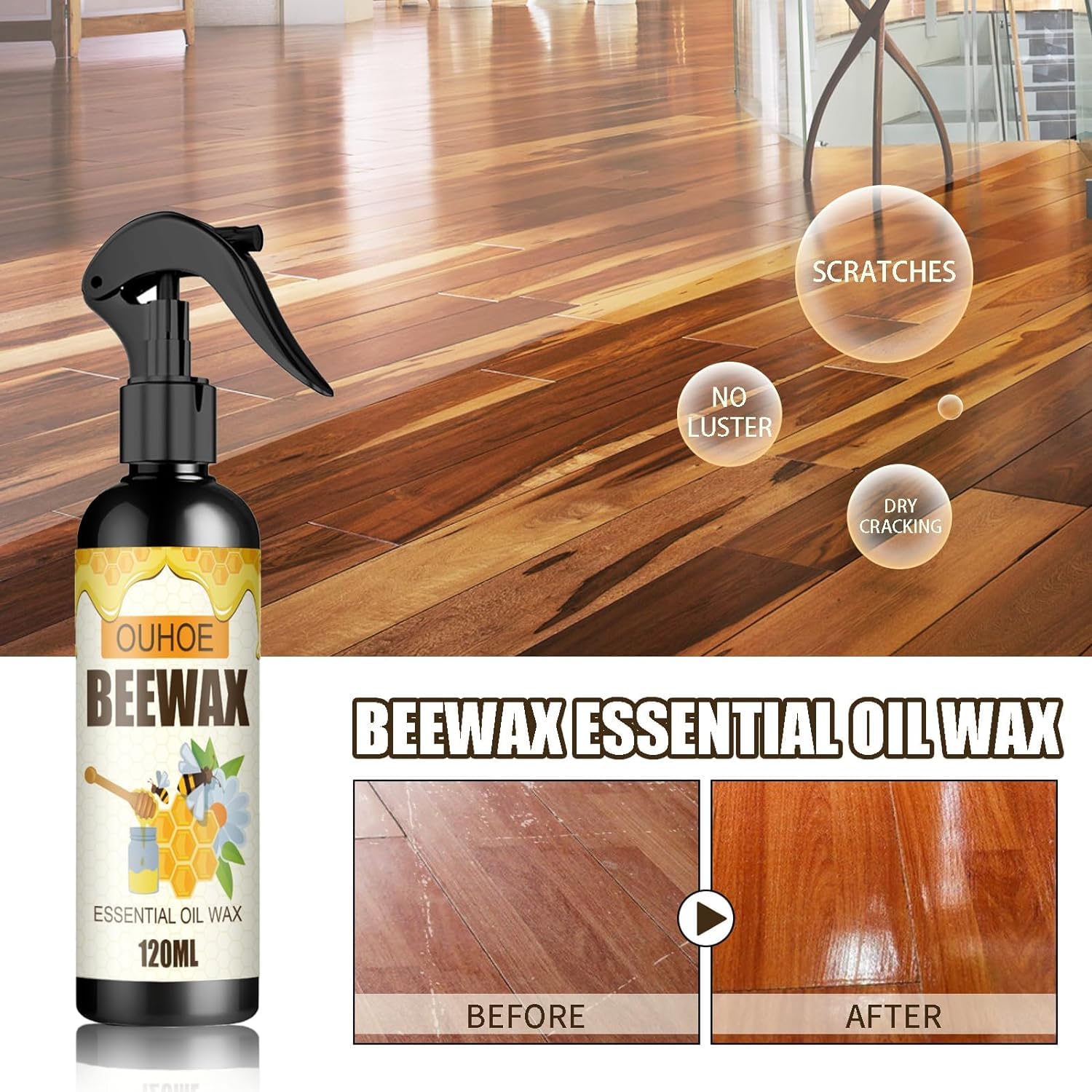 NUOKOU 2PCS Natural Beeswax Spray, Beeswax Spray Cleaner, Beeswax Furniture Polish, The Original Beeswax Spray, Wood Seasoning Beewax For Furniture Floor, for Furniture, Floor, Tables, Cabinets