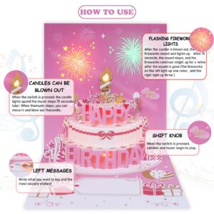 DTESL Musical Birthday Cards with Light and Music, Blowable, 3D Birthday Popup Cards for Men & Women– Plays Hit Song 'HAPPY Birthday' (pink)