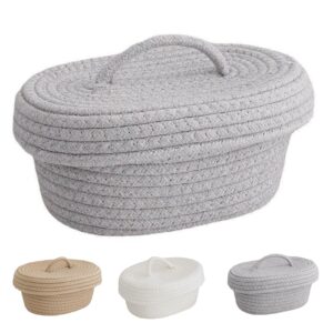 Storage Bins with Lids Rope Basket with Lid Handmade Cotton Rope Storage Basket Desktop Storage Box for Makeup Sundries Snack Needles(Gray)