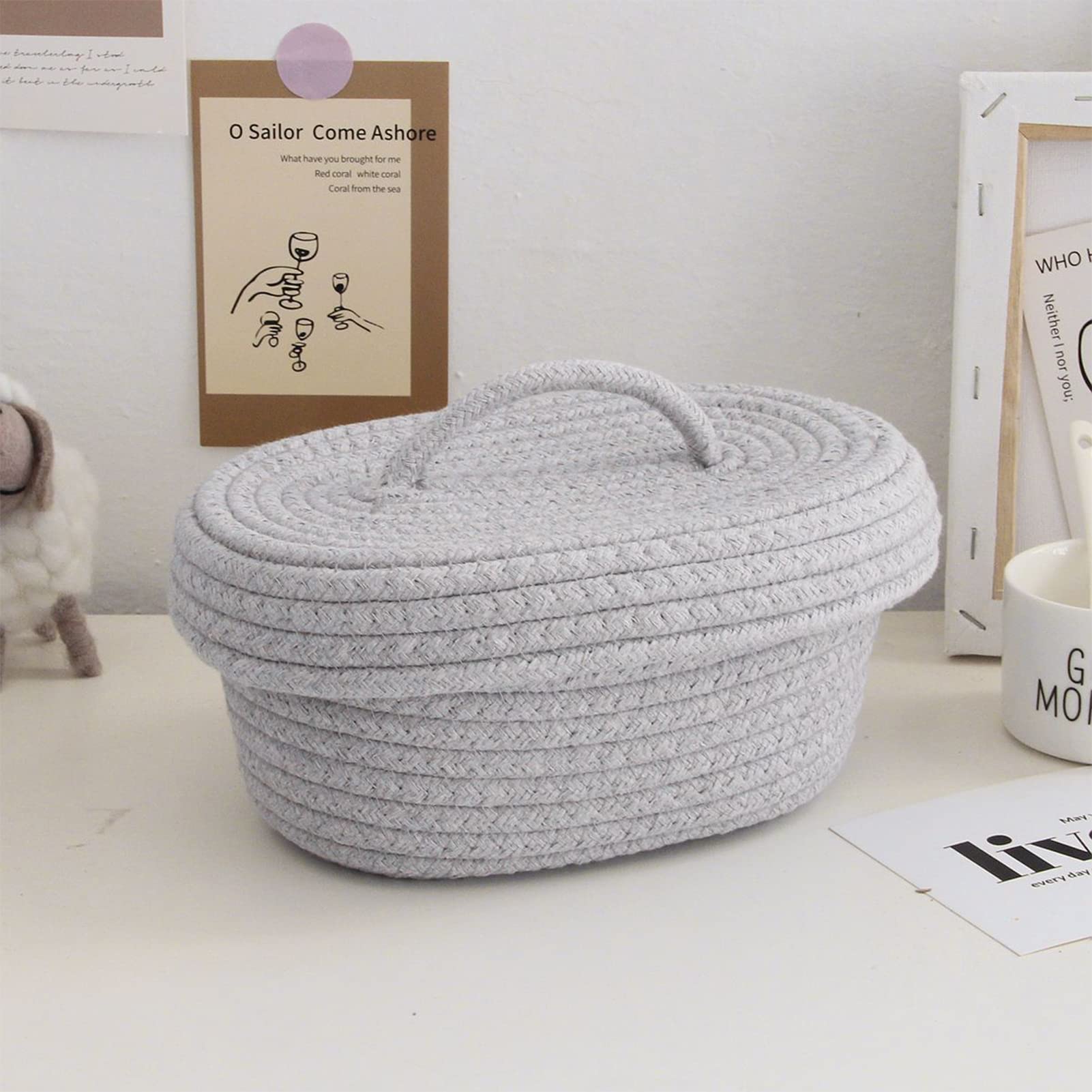 Storage Bins with Lids Rope Basket with Lid Handmade Cotton Rope Storage Basket Desktop Storage Box for Makeup Sundries Snack Needles(Gray)