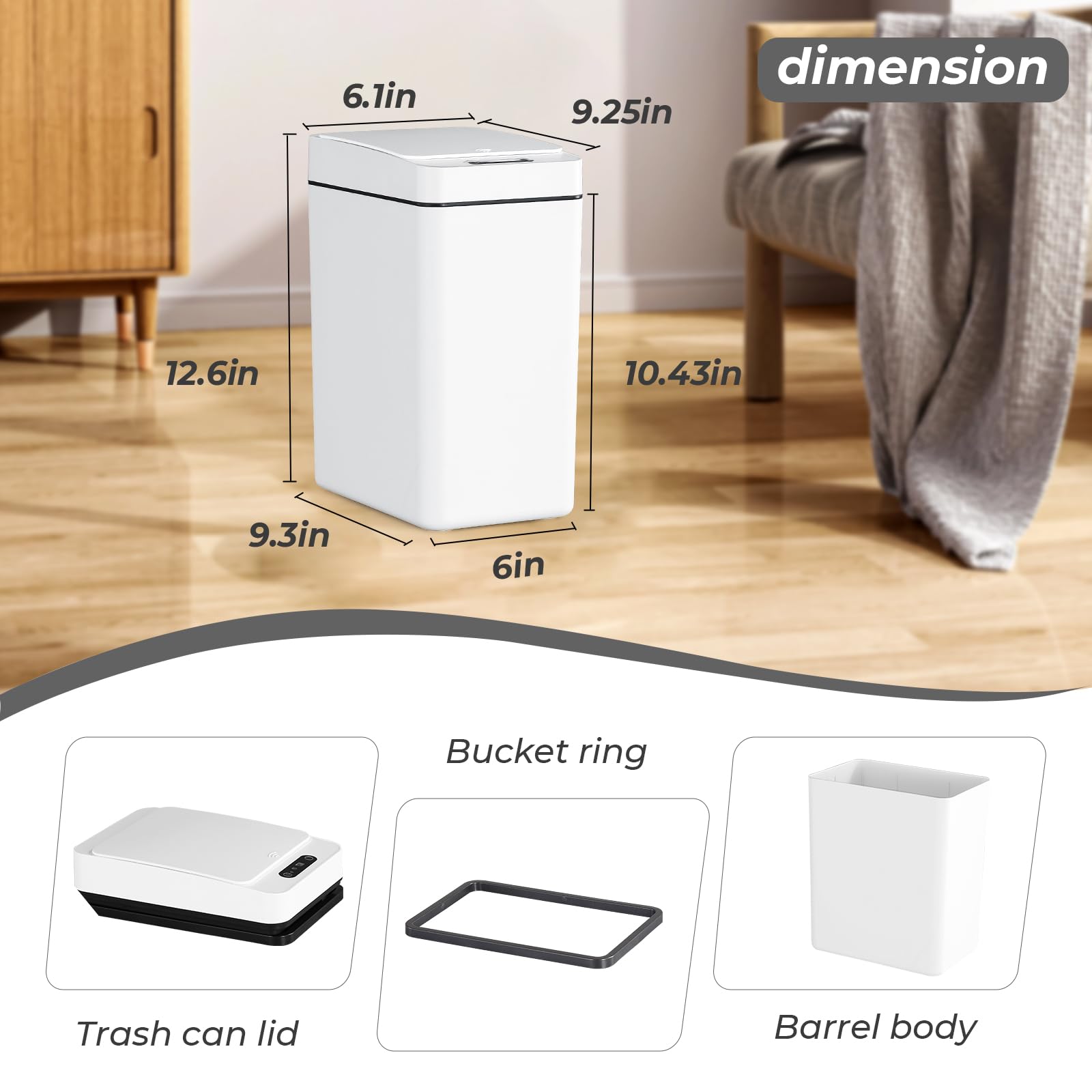 Bathroom Trash Can with Lid 2.4 Gallon Smart with Lid Motion Sensor Trash Can Waterproof Narrow Small Garbage Bin for Kitchen Bathroom Office Living Room