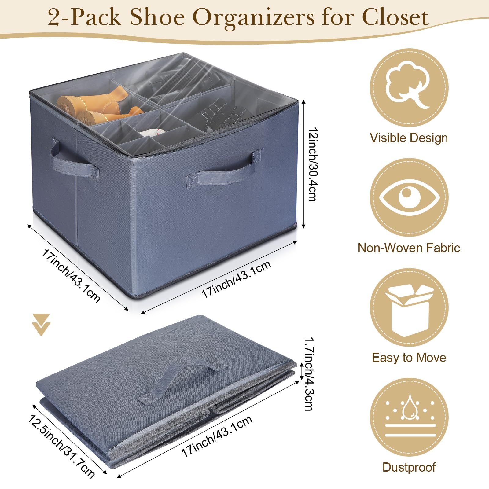 Suzile 2 Pack Shoes Organizer for Closet Fits 16 Pairs Fabric Storage Shoe Boxes with Clear Cover and Adjustable Dividers Large Wardrobe Shoe Basket Shoe Bin for Shoe Storage (Gray)