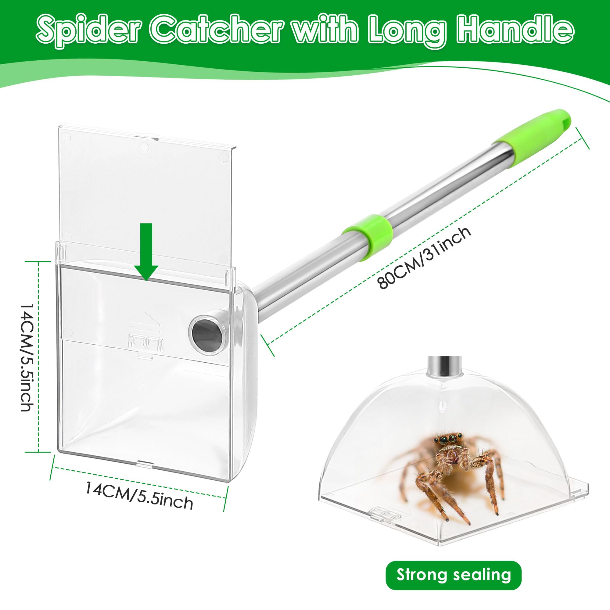 Saillong 1 Pack Large Spider Insect Catcher with Long 31'' Handle, Contactless Spider Grabber Removes Release Spiders and Insects, Spider Catchers for Home Kid Nature Explore