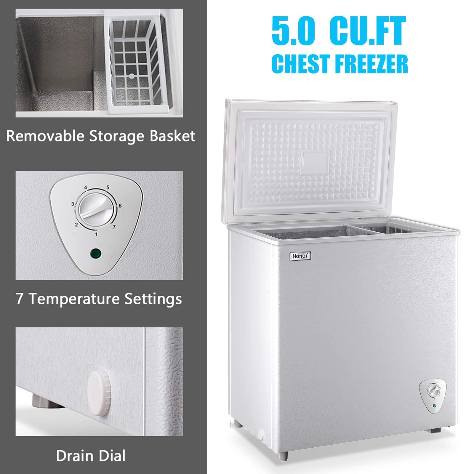 Chest Freezer 5.0 Cu.Ft Small Deep Freezer White Top Door Mini Freezer with Removable Basket, Low Noise, 7 Adjustable Temperature and Energy Saving Perfect for Home Garage Basement Dorm or Apartment