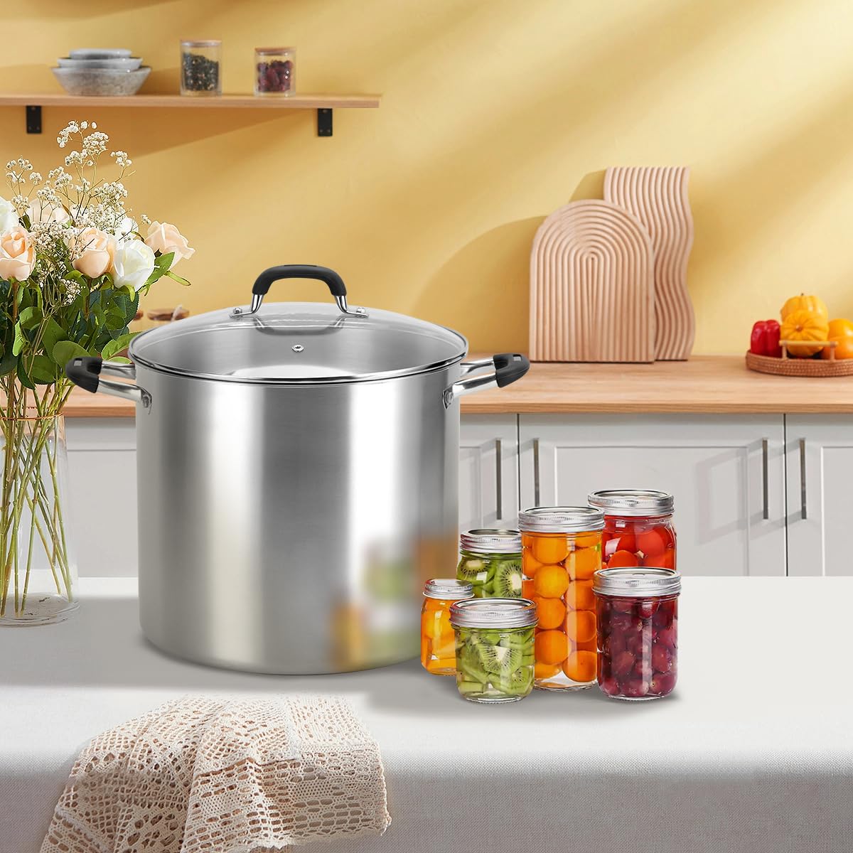 BriSunshine 21.5 QT Canning Pot with Rack, Stainless Steel Water Bath Canner, Stockpot Large pot with Glass Lid Anti-scald Handles for Canning Making Soups, Compatible with Induction Cooktops