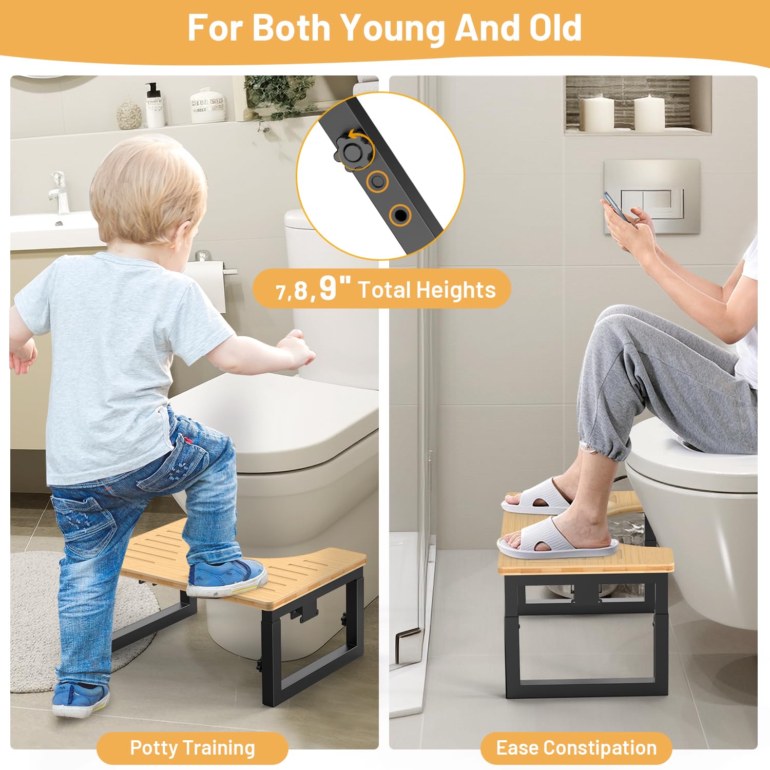 Bamboo Toilet Stool Foldable, 7 in, 8 in Or 9 in Adjustable Height Squat Stool Potty for Adults Kids, Sturdy Poop Step Stool for Bathroom, Improve Squatting Posture, Non-Slip,500 lbs Capability