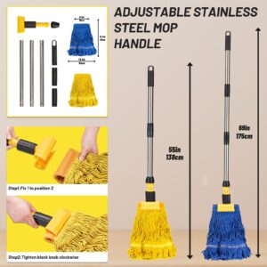 Kasunpul Commercial Mop, Looped-End String Wet Mop, Industrial Mop, 69" Heavy Duty Mops with 2 String Mop Heads for Floor Cleaning, Home, Kitchen, Office