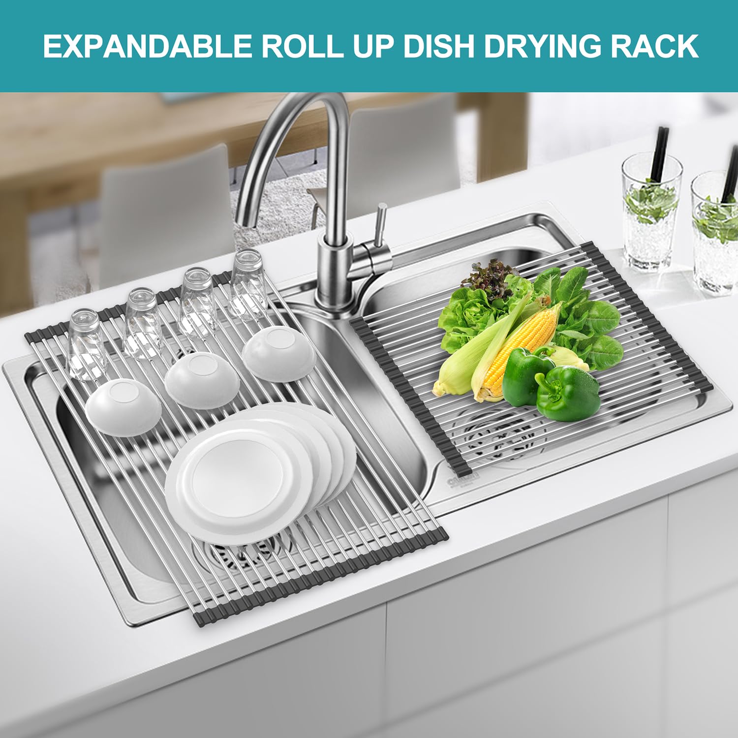 BBXTYLY Extra Large Expandable Roll Up Dish Drying Rack,Over The Sink Drying Rack Sink Cover Kitchen Sink Accessories Kitchen Rolling up Stainless Steel Drainer, Foldable,Rollable（Black，25.1''-17.3''）