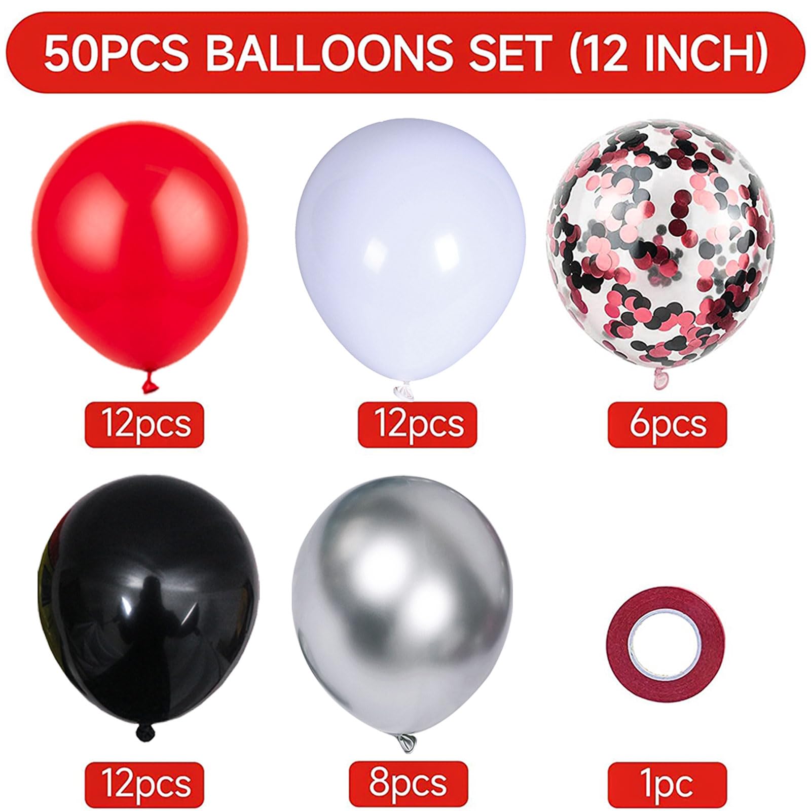 50pcs 12inch Red Black White Silver Balloons and Black Red Confetti Balloons for Graduation Wedding Birthday Baby Shower Party Decorations